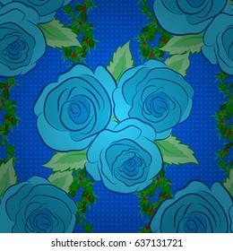 Vector illustration. Spring paper with abstract cute rose flowers and green leaves on a blue background. Floral seamless pattern.