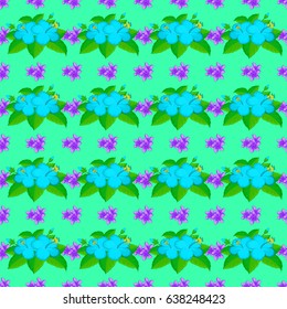 Vector illustration. Spring paper with abstract cute primrose flowers on a green background. Floral seamless pattern.