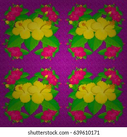 Vector illustration. Spring paper with abstract cute hibiscus flowers on a purple background. Floral seamless pattern.