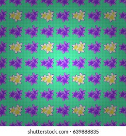 Vector illustration. Spring paper with abstract cute plumeria flowers on a green background. Floral seamless pattern.