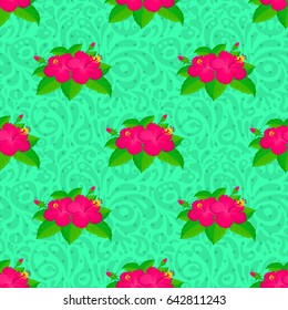 Vector illustration. Spring paper with abstract cute hibiscus flowers on a green background. Floral seamless pattern.