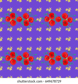 Vector illustration. Spring paper with abstract cute poppy flowers on a violet background. Floral seamless pattern.