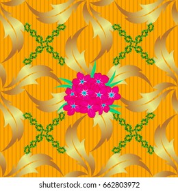 Vector illustration. Spring paper with abstract cute primula flowers on a yellow background. Floral seamless pattern.
