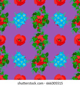 Vector illustration. Spring paper with abstract cute poppy flowers on a violet background. Floral seamless pattern.
