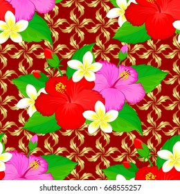 Vector illustration. Spring paper with abstract cute hibiscus flowers on a red background. Floral seamless pattern.