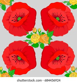 Vector illustration. Spring paper with abstract cute poppy flowers on a gray background. Floral seamless pattern.
