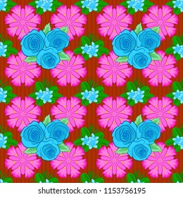 Vector illustration. Spring paper with cute rose flowers and green leaves in blue, orange and pink colors. Floral seamless pattern.
