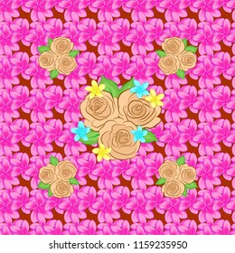 Vector illustration. Spring paper with cute rose flowers and green leaves in beige, pink and magenta colors. Floral seamless pattern.