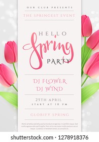 Vector illustration of spring party poster template with lettering label, tulip flowers and flares.