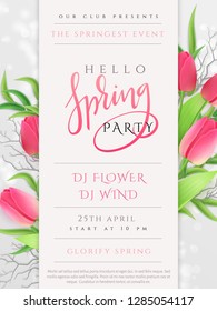 Vector illustration of spring party poster template with lettering label, tulip flowers and flares.