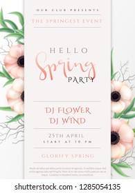 Vector illustration of spring party poster template with lettering label, anemone flowers.