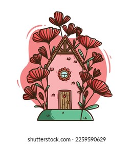 Vector illustration. Spring pink cute house surrounded by red poppy flowers. Print for greeting card for holiday of March 8. Gift for woman, grandmother, mother, girlfriend, daughter. Line art. Summer