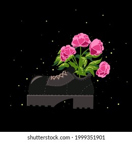 Vector illustration - spring pink flowers peonies blooming in black leather boot with rough sole on dark sky background. For adverts, postcards, book illustrations, stickers