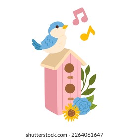 Vector illustration of spring print with cute cartoon sparrow bird on bird house and flowers 