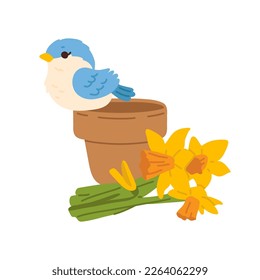 Vector illustration of spring print with cute cartoon sparrow bird on pot and flowers 