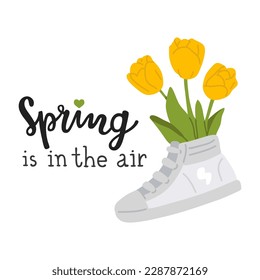 Vector illustration of  spring print with cute doodle boot and flowers