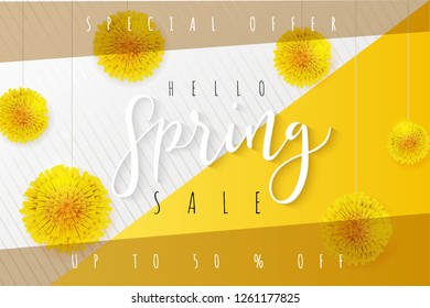 Vector illustration of spring promotion banner template with hand lettering label - spring - with realictic yeallow dandelion flowers.