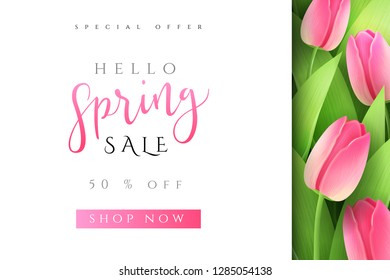 Vector illustration of spring promotion banner template with hand lettering label - spring - with realistic tulip flowers.