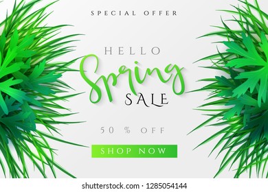 Vector illustration of spring promotion banner template with hand lettering label - spring - with rgrass and leaves.