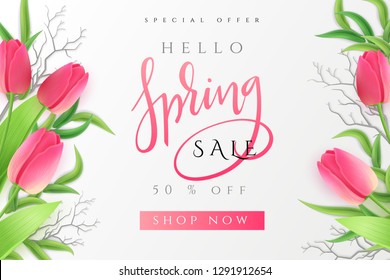 Vector illustration of spring promotion banner template with hand lettering label - spring - with realistic tulip flowers.
