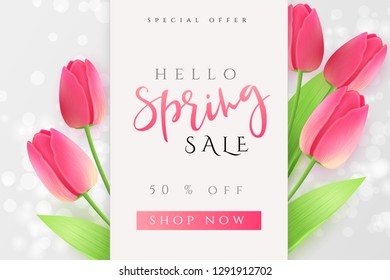 Vector illustration of spring promotion banner template with hand lettering label - spring - with realistic tulip flowers.
