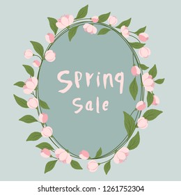 Vector illustration of spring sale text in floral frame background. Useful for flyers, brochure, invitation, posters. Design banner with flowers. Season vacation, weekend, holiday logo.