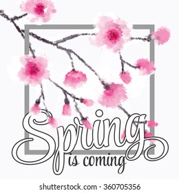 Vector illustration - spring season - cherry blossoms on a white background  with the inscription Spring is coming.