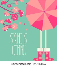 Vector illustration of a spring season in flat style - cherry blossoms and people with a bright umbrella and boots with the inscription made by hand the Spring is coming.