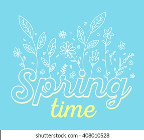 Vector illustration for spring season. Spring floral of yellow and white colors on white background. Hand drawn flat line art design to make a greeting card, poster, web, site
