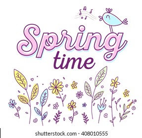 Vector illustration for spring season. Spring floral of yellow and pink colors with singing blue bird on white background. Hand drawn flat line art design to make a greeting card, poster, web, site