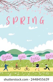 Vector illustration of the spring season. Poster with people and seasonal outdoor activity.