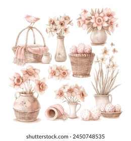 Vektorillustration eines Frühlingssatzes von Narzissen in einer Vase, zarte Pastelltöne, Osterblumen, Ostereier-Aquarell-Stil