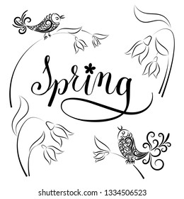 Vector illustration. Spring set drawn in black line. Snowdrops, birds, inscription spring. Lettering. Tattoo ornament. The first spring flowers. Image for your decor and design.