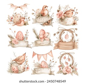 Vector illustration of a spring set of Easter eggs, flowers, twigs, delicate pastel shades, birds in nests