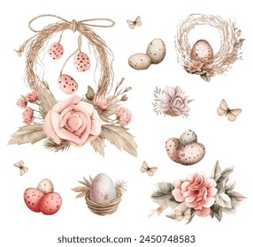 Ilustración vectorial de un conjunto primaveral de huevos de Pascua, flores, ramitas, delicados tonos pastel, pájaros en nidos