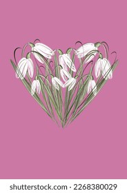 Ilustración vectorial con gotas de nieve de primavera para tarjetas, fondos de pantalla, afiches. Fondo rosa aislado. 