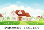 Vector illustration of a spring suburban landscape