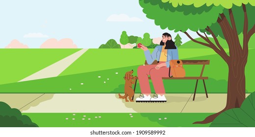 Vector illustration of spring and summer background with woman playing in park with dog - landscape with green trees, leaves, meadow - background for web or social media banner, greeting card, poster.