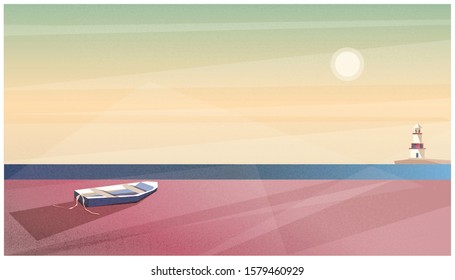 Vector illustration of spring or summer beach background.Minimalist image of Scandinavian or Nordic seaside landscape.Lighthouse,wooden boat on the beach,sun shining. Dusty rose combination color tone