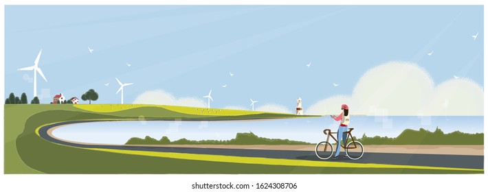 Vector illustration of spring or summer beach background. Banner image of rural Europe farm seascape. Lighthouse,seagull,sheep and wind turbine.Woman riding bicycle with internet devices.Long beach. 