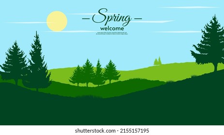 Vector illustration. Spring or summer. Flat style landscape. Blue sky with clouds and sun. Field with silhouette trees and grass. Design for wallpaper, background, banner, touristic card.