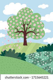 Vector illustration. Spring, summer landscape: blooming apple tree, hills, clouds, sky, flowers. Colorful background in a flat style for banner, poster, postcard.