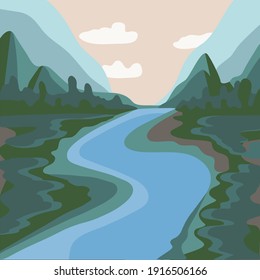 Ilustración vectorial de un paisaje de primavera o verano. Montañas con prados y árboles. Río azul. Naturaleza serena.