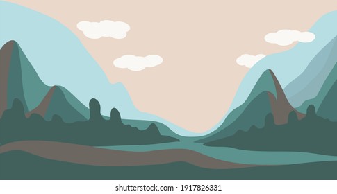 Vector illustration of a spring or summer landscape. Mountains with meadows and trees.  Serene nature in pastel colors. 