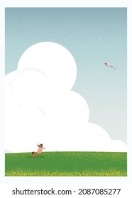 vector illustration of spring summer landscape with blue sky and clound background.Nice weather, happy kid playing kite with dog .Windy green grass and poppy flower on green hill.Postcard 