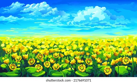 Vector illustration. Spring, summer landscape. Field of bright yellow flowers to the horizon. Blue sky with fluffy clouds.