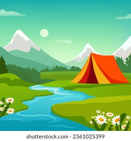 Vector illustration, spring or summer landscape. A tourist tent stands on the river bank against the backdrop of forest and mountains. Bright landscape in cartoon style.