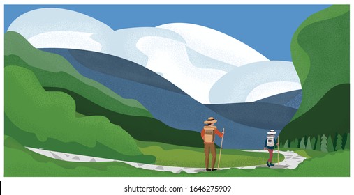 Vector Illustration Of Spring Summer Mountain Landscape.Young Couple At Mountain Trail Or Hiking In Spring Summer.The Adventure Or People Activities Concept.  