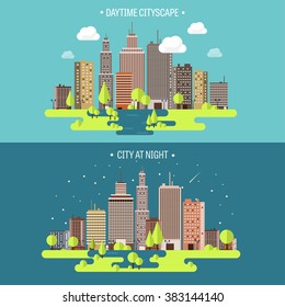 Vector illustration. Spring, summer.a City silhouettes. Cityscape. Town skyline. Panorama. Midtown houses. Summer.