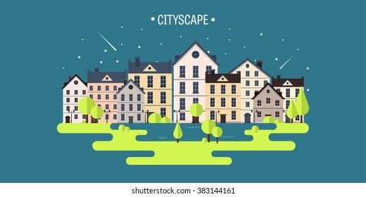Vector illustration. Spring, summer.a City silhouettes. Cityscape. Town skyline. Panorama. Midtown houses. Summer.